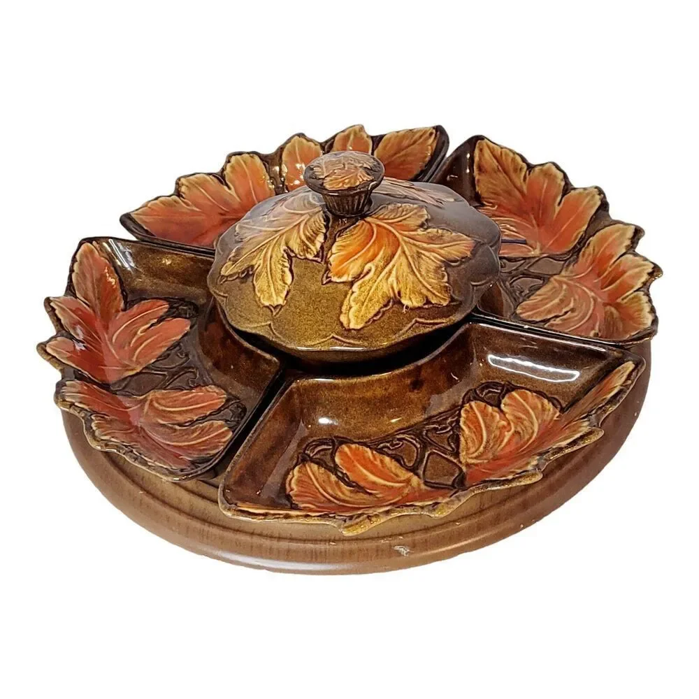 7 Pc Vintage Lazy Susan Fall Themed Red‎ Yellow Leaves Pottery Serving Set USA